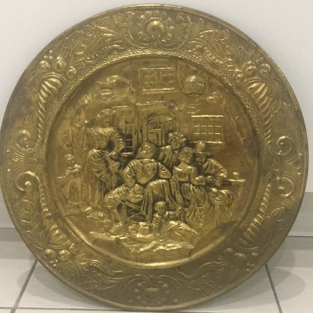 Antique English Brass Hammered Embossed Wall Decorative Plate Victorian BarScene